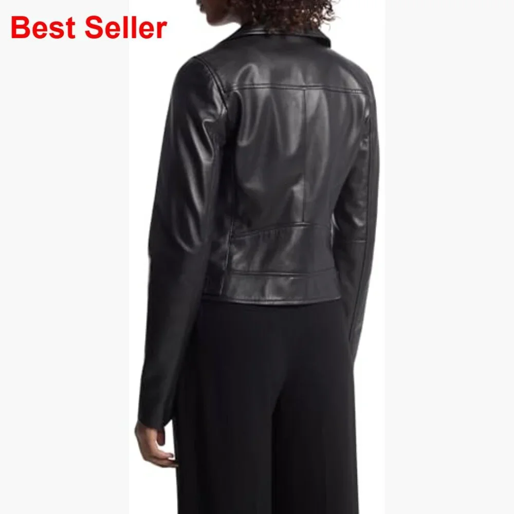 Leather Moto Jacket with Cropped Hem and Multiple Pockets - Picture 2 of 4